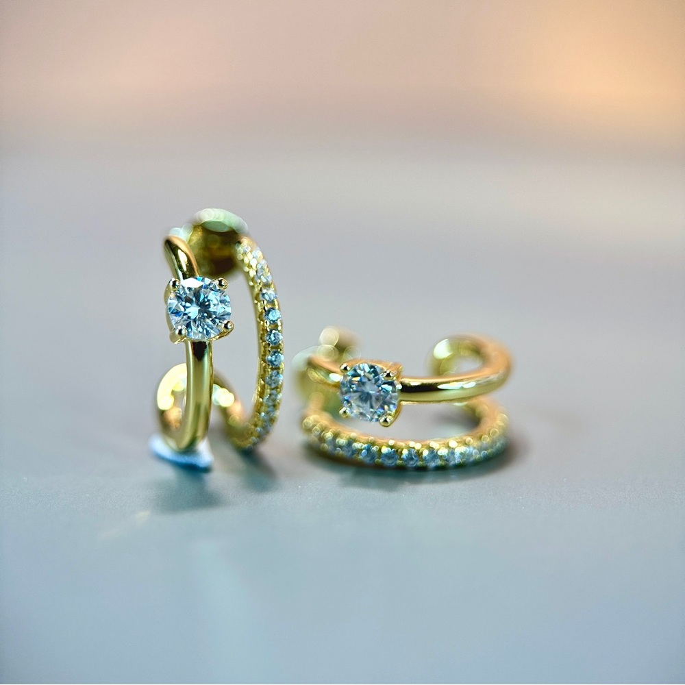 S925 In 14k Gold Plating Stacked Huggies Hoop Earrings with Moissanite Stones